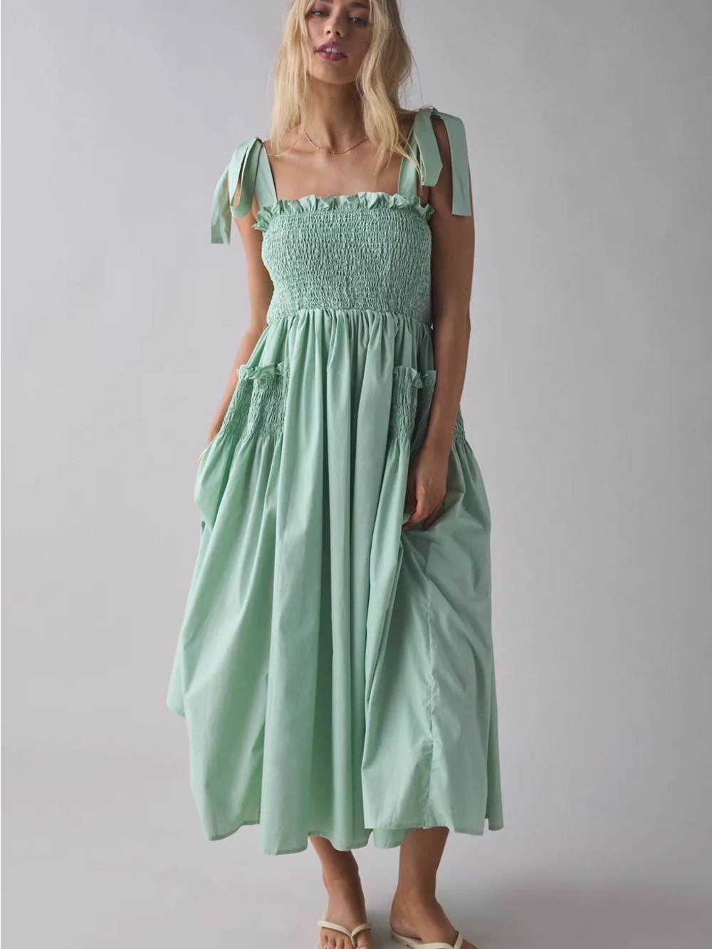 Sister Jane Grassland Bow-Tie Strap Shirred Light Green Midi Dress Sz XS